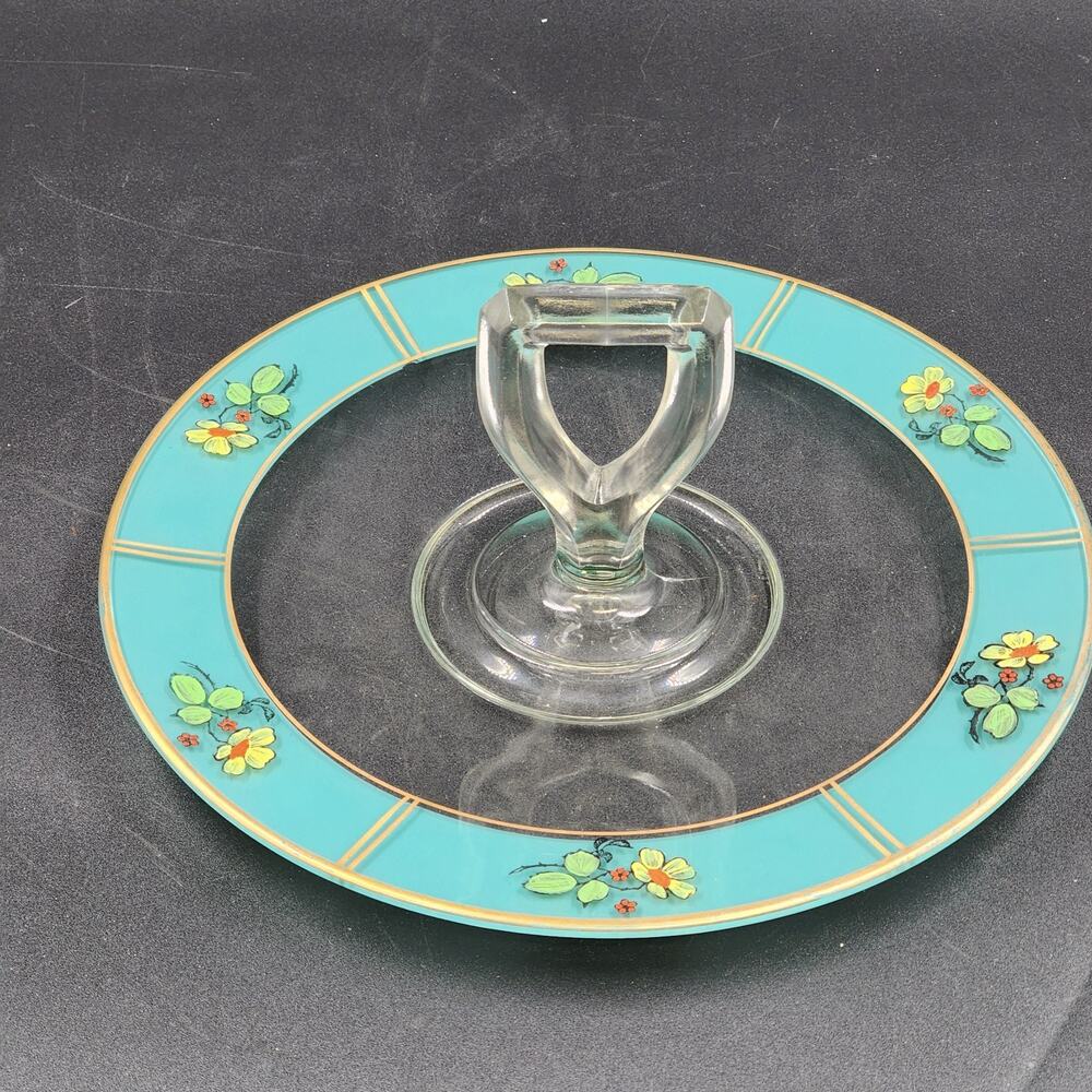 Reverse Painted Glass Tidbit Tray French Cottage Blue MCM Serving Tray 11"